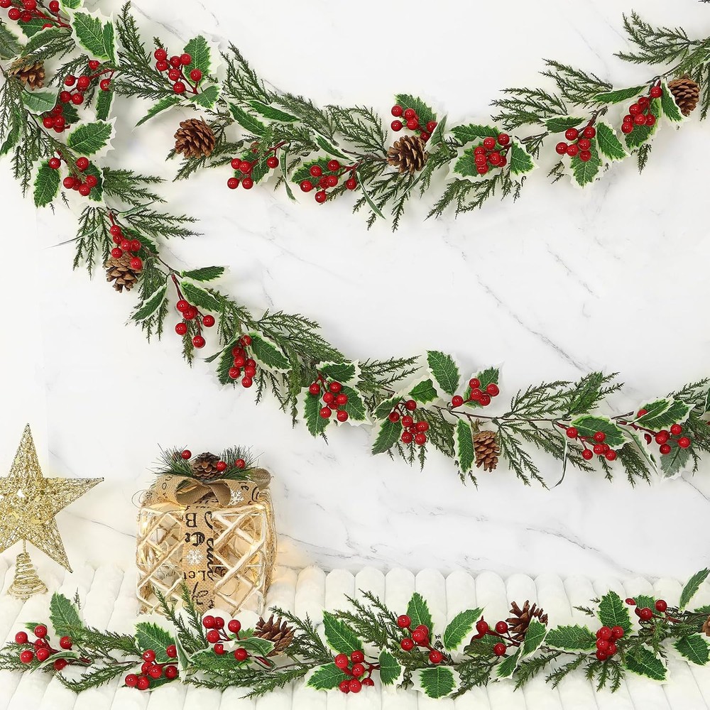 Betylifoy holly and red berry Christmas garland with pine cones