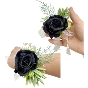 Black artificial rose wrist corsage and buttonhole with ivory ribbons