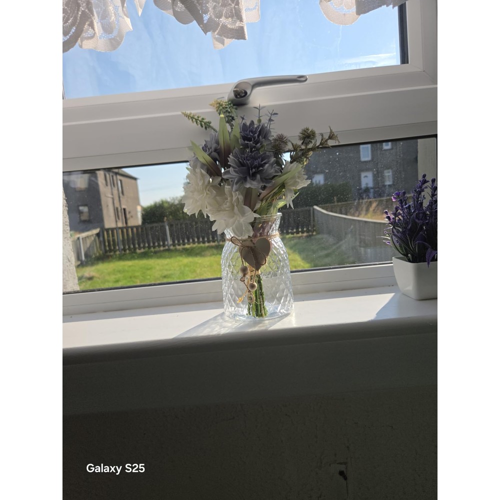 Customer display: Blue and white artificial dahlia arrangement in a textured glass vase (38cm)