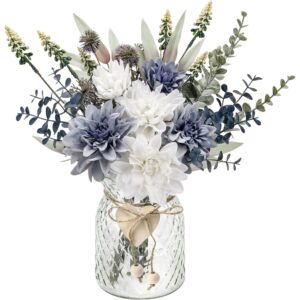 Blue and white artificial dahlia arrangement in a textured glass vase (38cm)