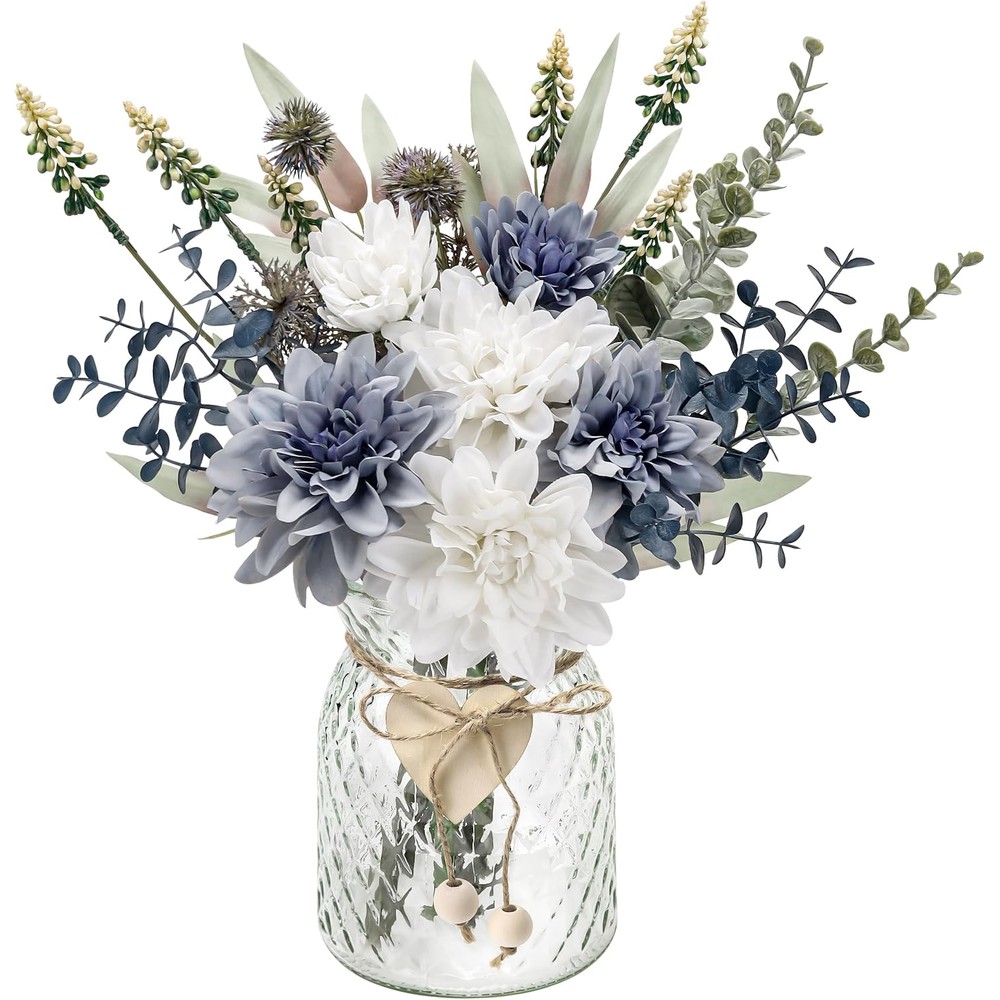 Blue and white artificial dahlia arrangement in a textured glass vase (38cm)
