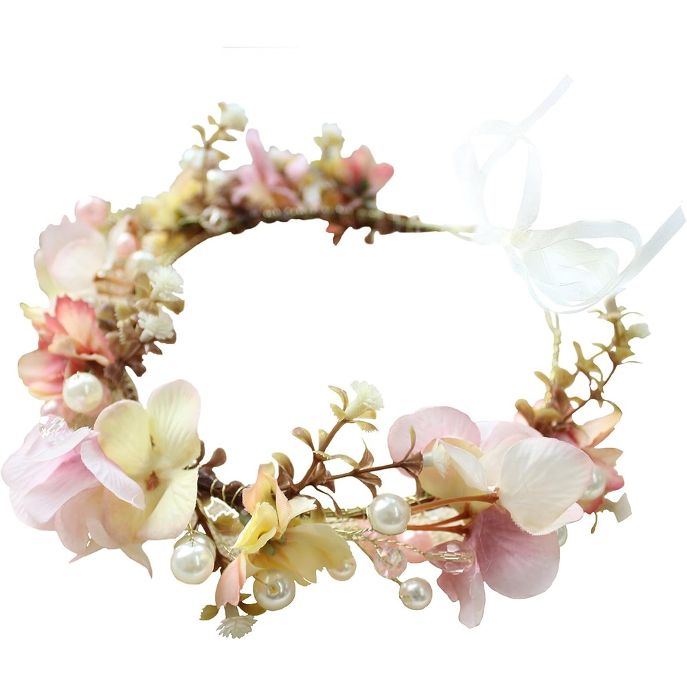 Blush and cream artificial floral wedding crown with ribbon ties