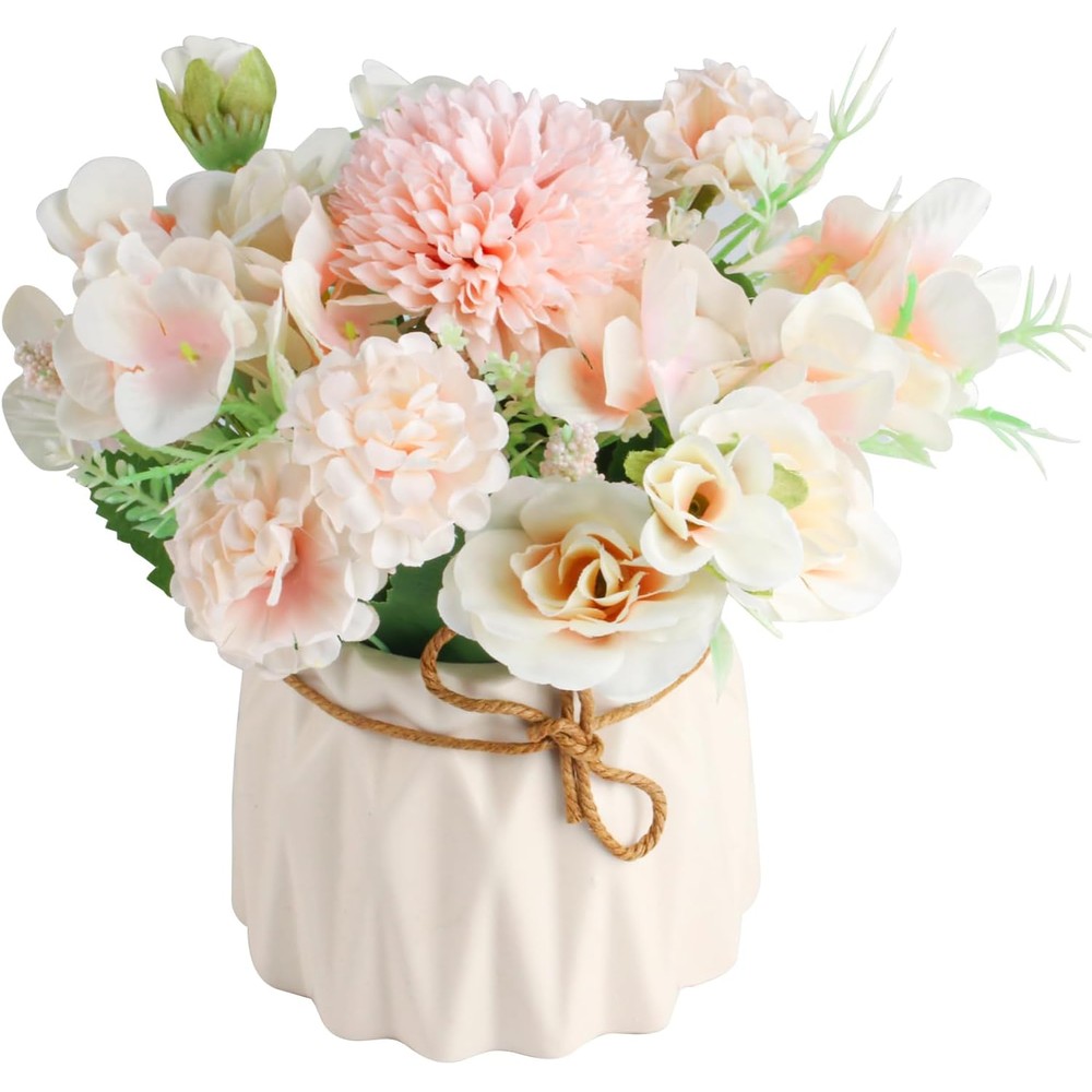 Blush pink artificial flower posy in a cream ceramic pot (20cm)