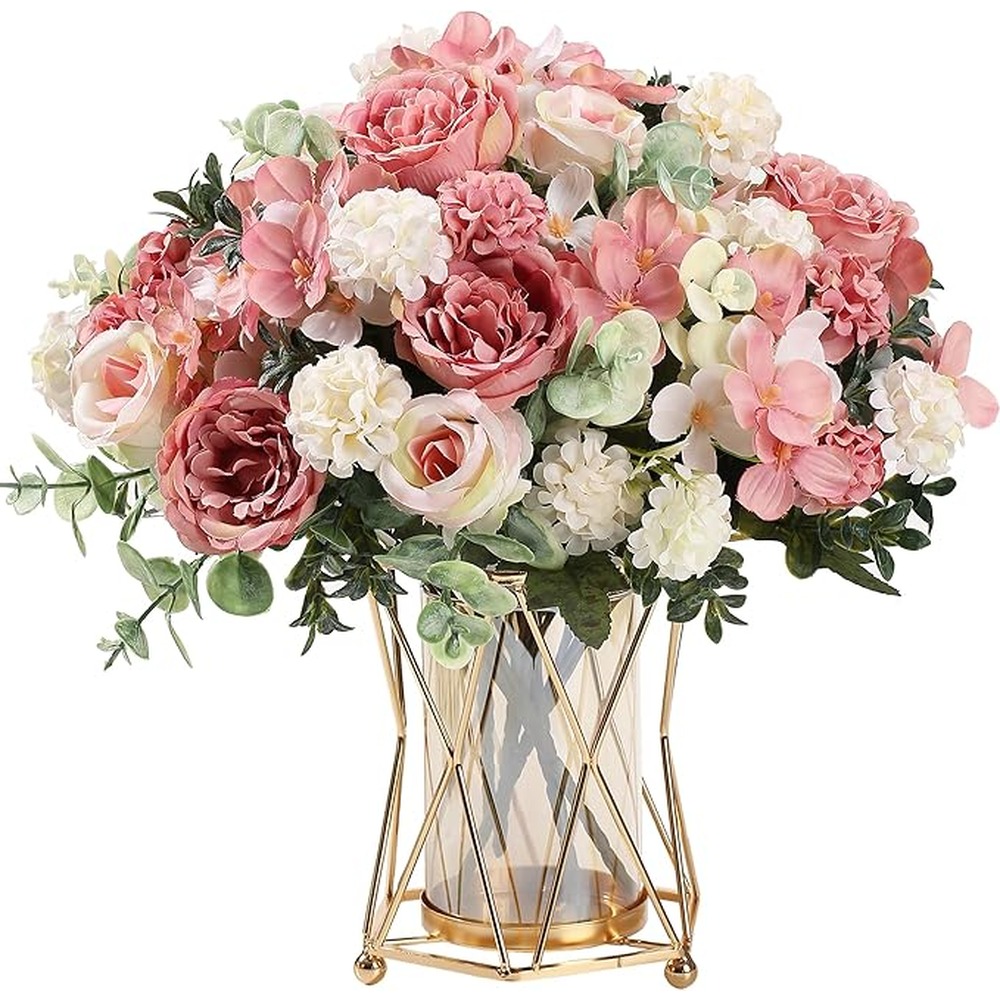 Blush pink artificial peony, rose and hydrangea bouquets (pair, 32cm)