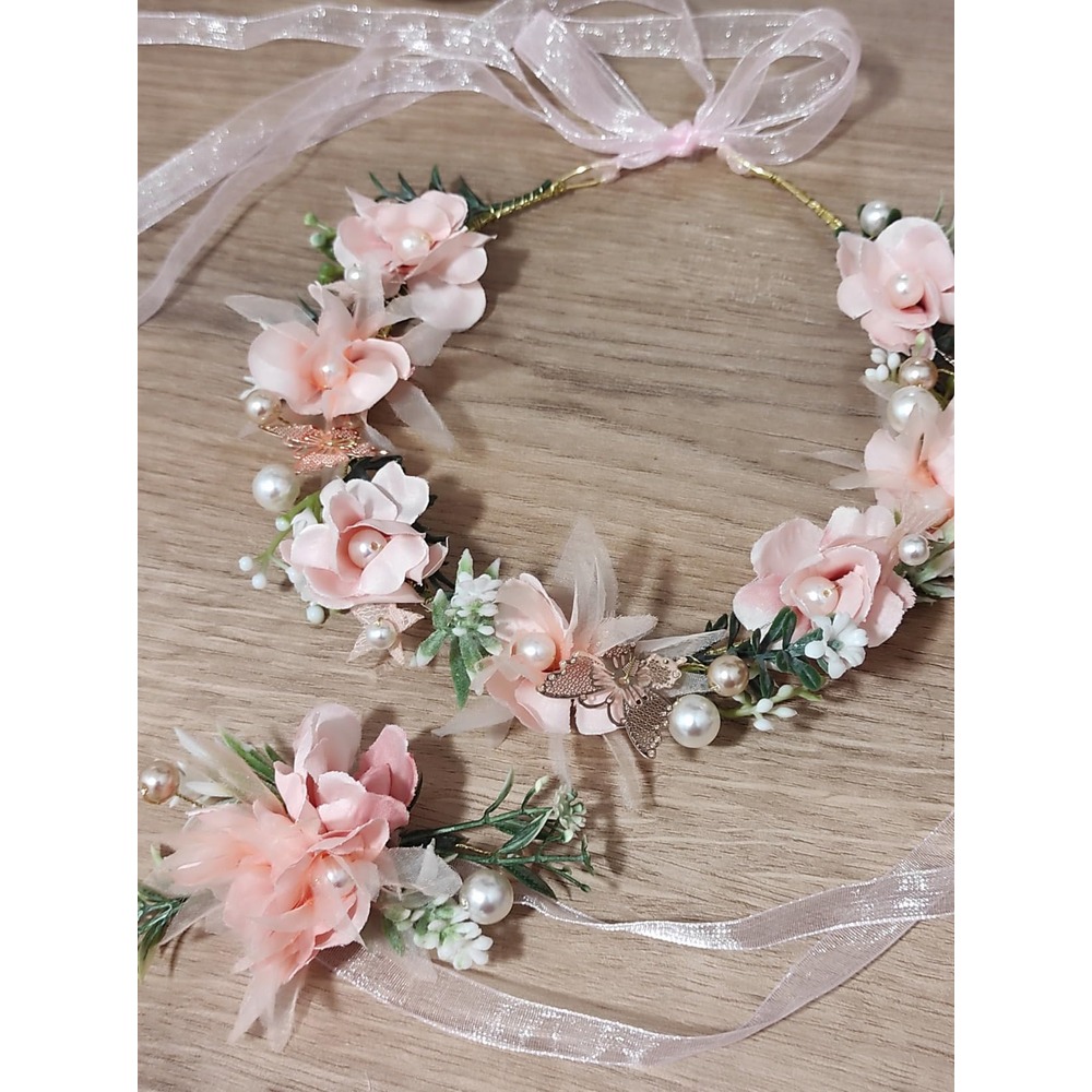 Customer photo: Blush pink bridal flower crown and wrist corsage with butterfly details