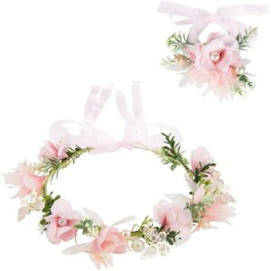 Blush pink bridal flower crown and wrist corsage with butterfly details