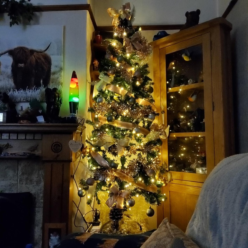 Customer display: Bonnlo green pencil Christmas tree with warm white lights (6ft)