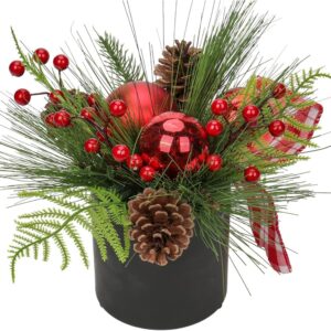 Briful red bauble and berry Christmas arrangement in a black pot (28cm)