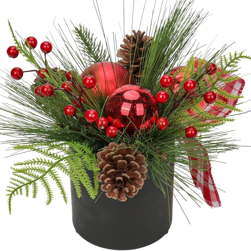 Briful red bauble and berry Christmas arrangement in a black pot (28cm)