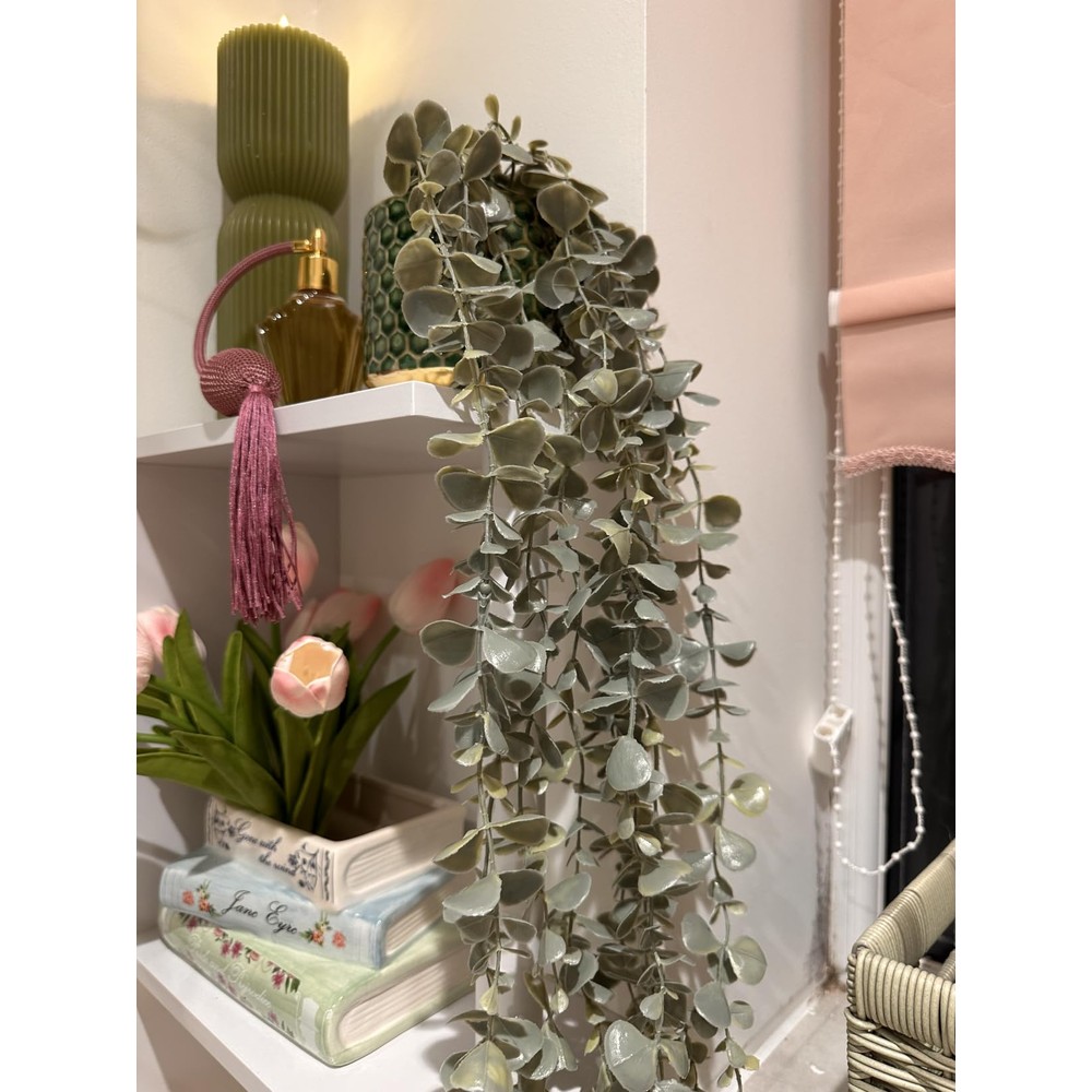 Customer display of BTSD-home artificial trailing eucalyptus in a small black pot (61cm)