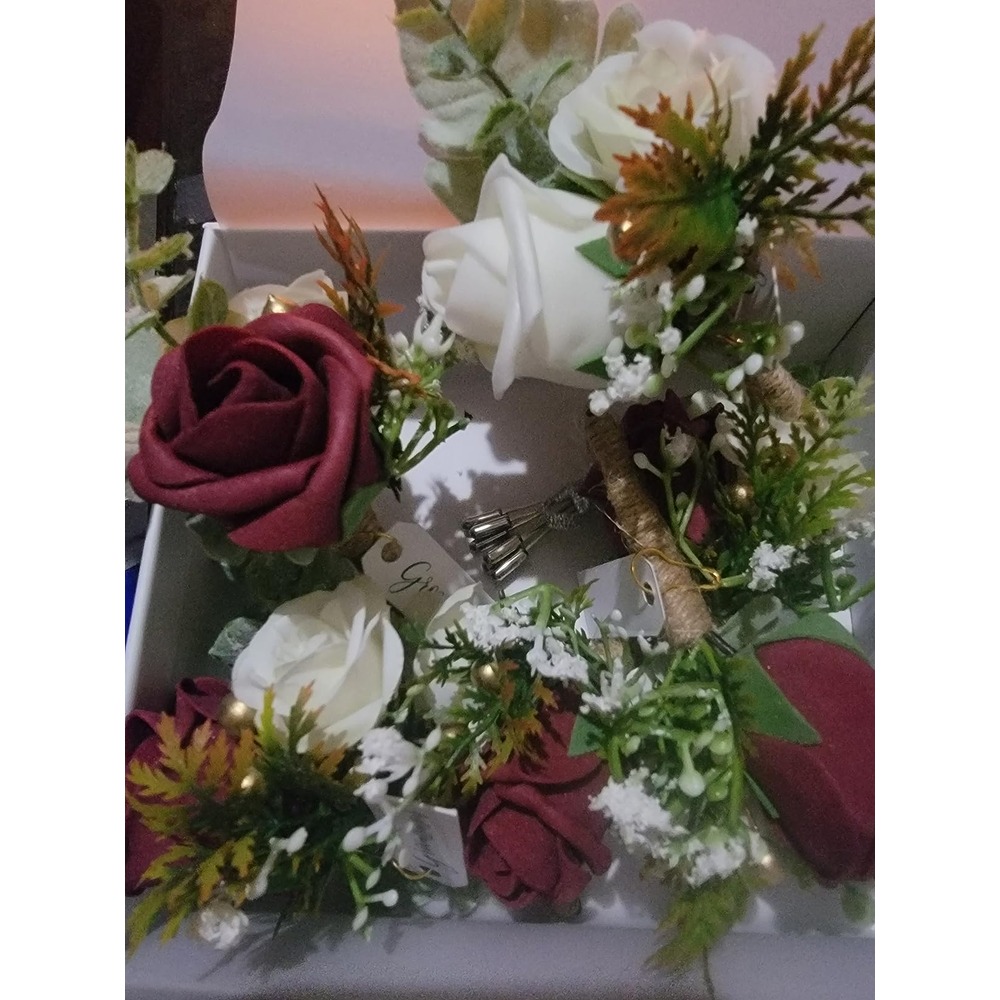 Customer photo: Burgundy and ivory artificial wedding buttonholes with gold foliage (set of 6)