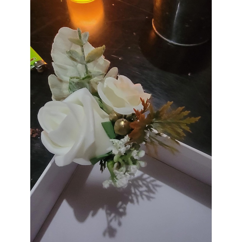 Customer photo: Burgundy and ivory artificial wedding buttonholes with gold foliage (set of 6)