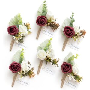 Burgundy and ivory artificial wedding buttonholes with gold foliage (set of 6)