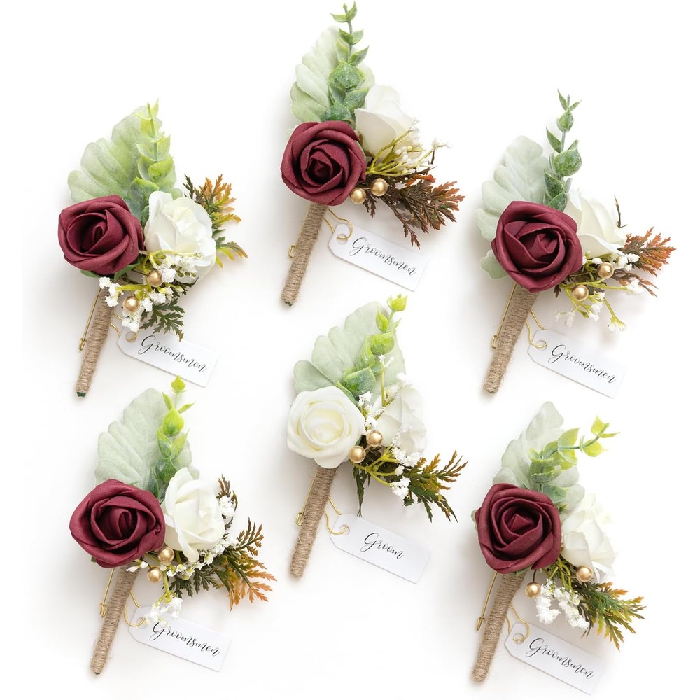 Burgundy and ivory artificial wedding buttonholes with gold foliage (set of 6)