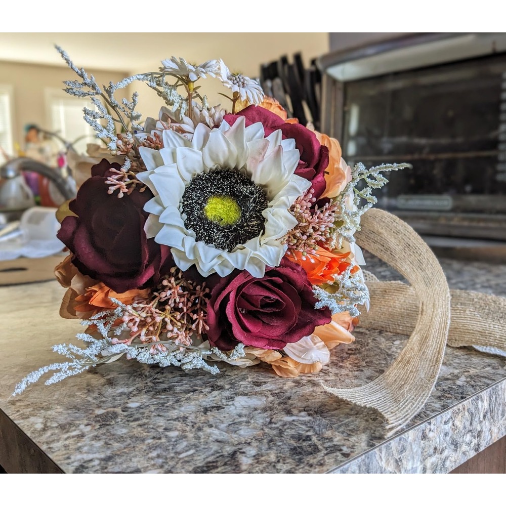 Customer photo: Burnt orange artificial rose and sunflower wedding bouquet