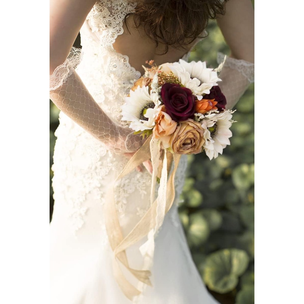 Burnt orange artificial rose and sunflower wedding bouquet