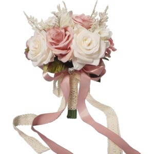 Champagne and pink artificial rose bridal bouquet with a lace ribbon handle