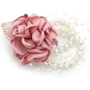 Champagne-pink satin rose wedding wrist corsages with pearl bracelets (pair)