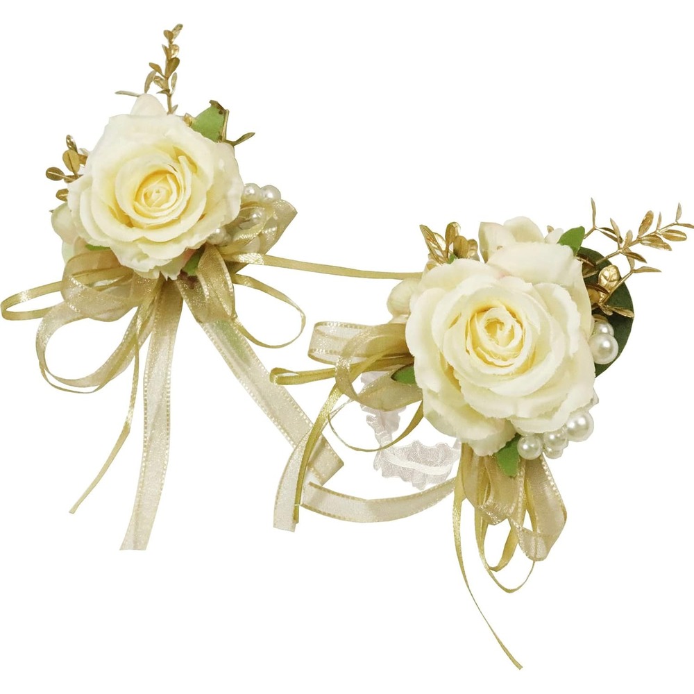 Champagne rose wrist corsage and buttonhole with gold foliage