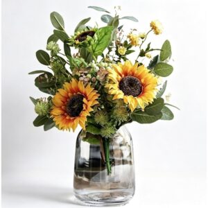Cheerful artificial sunflowers in a grey glass vase (30cm)
