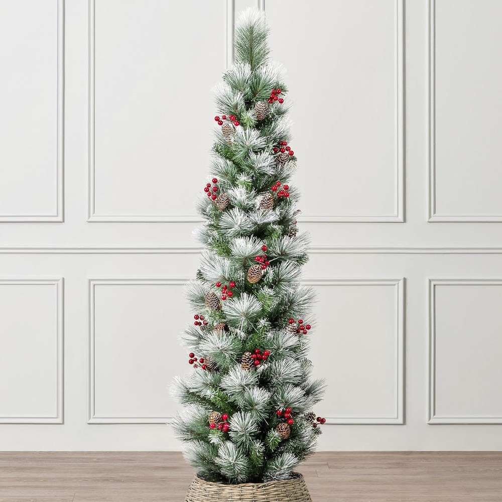 Christow snowy pencil Christmas tree with pinecones and berries (5ft)