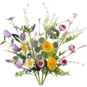 Colourful artificial wildflower bouquets with poppies and daisies (4 bunches, 65cm)