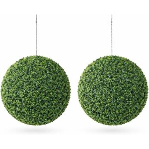Compact artificial boxwood topiary balls with chains (pair, 23cm)