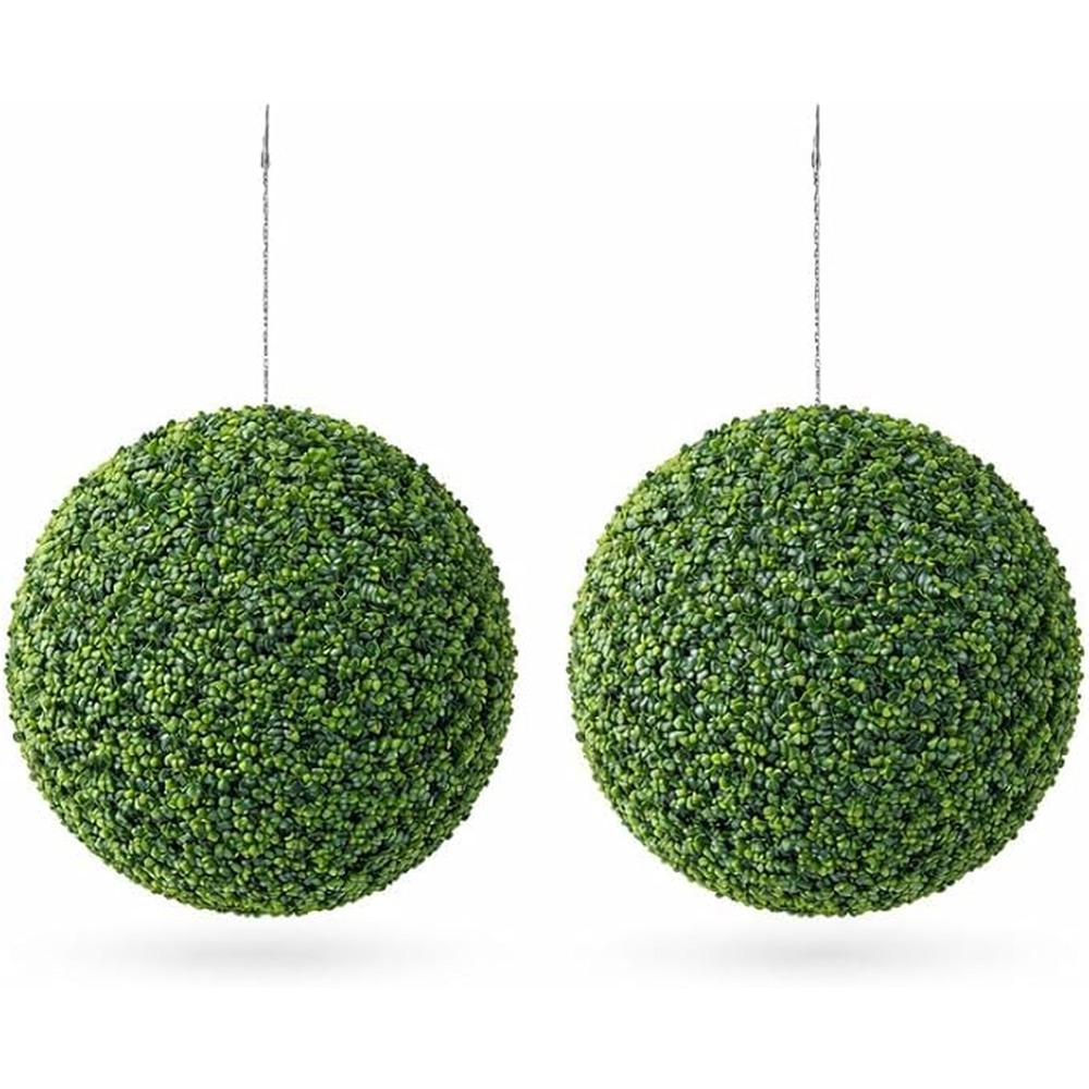 Compact artificial boxwood topiary balls with chains (pair, 23cm)
