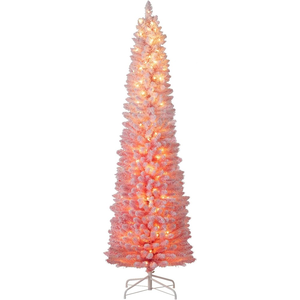 COSTWAY pink flocked pencil Christmas tree with warm white lights (6ft)