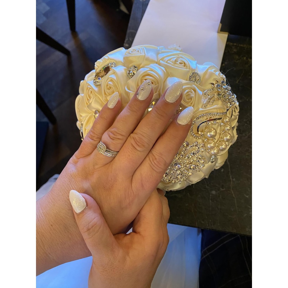 Customer photo: Cream satin rose bridal bouquet with pearls and sparkling brooches
