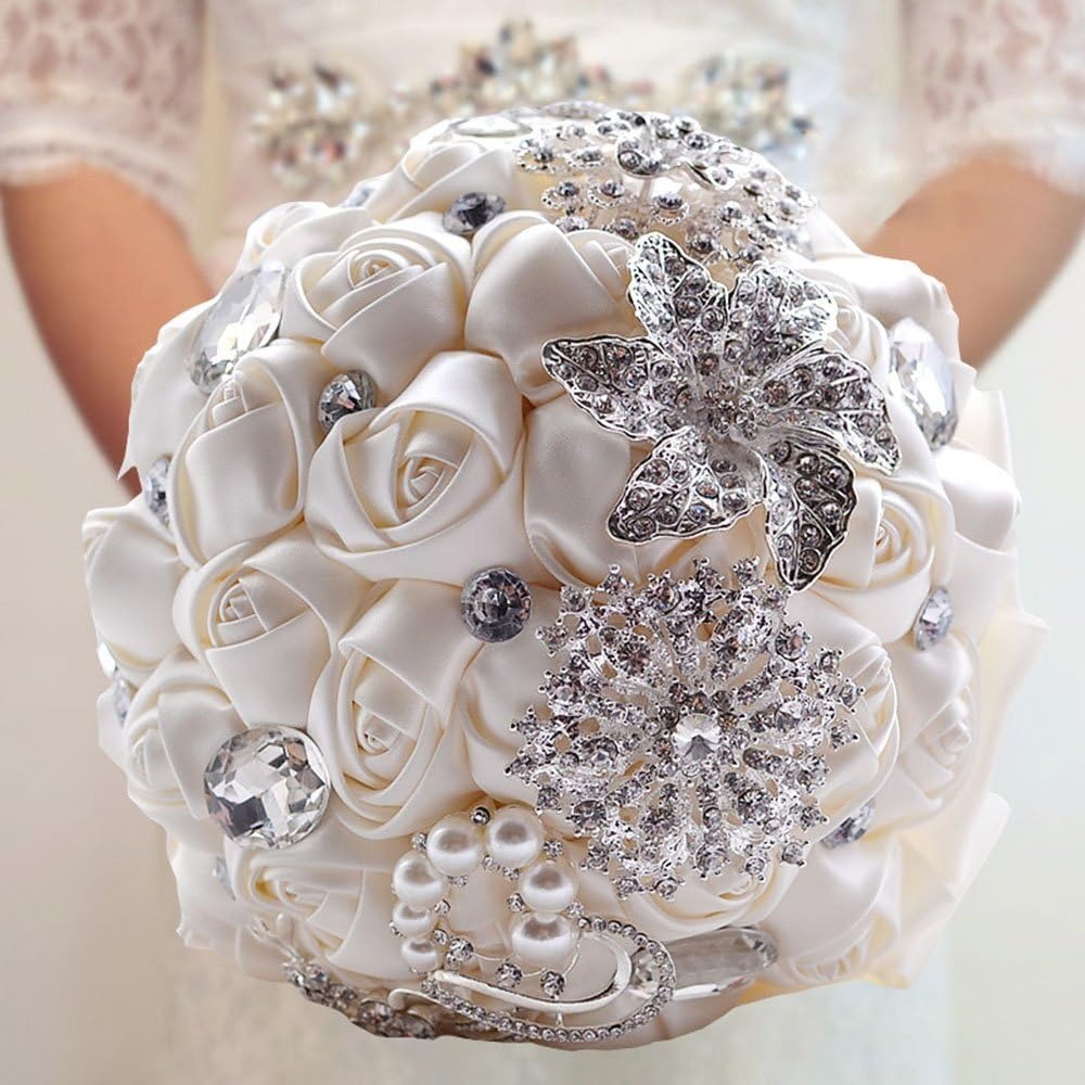 Cream satin rose bridal bouquet with pearls and sparkling brooches