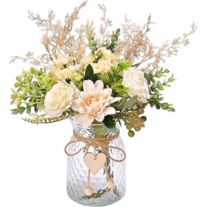 Cream-white artificial rose bouquet in a heart-detail glass vase (30cm)