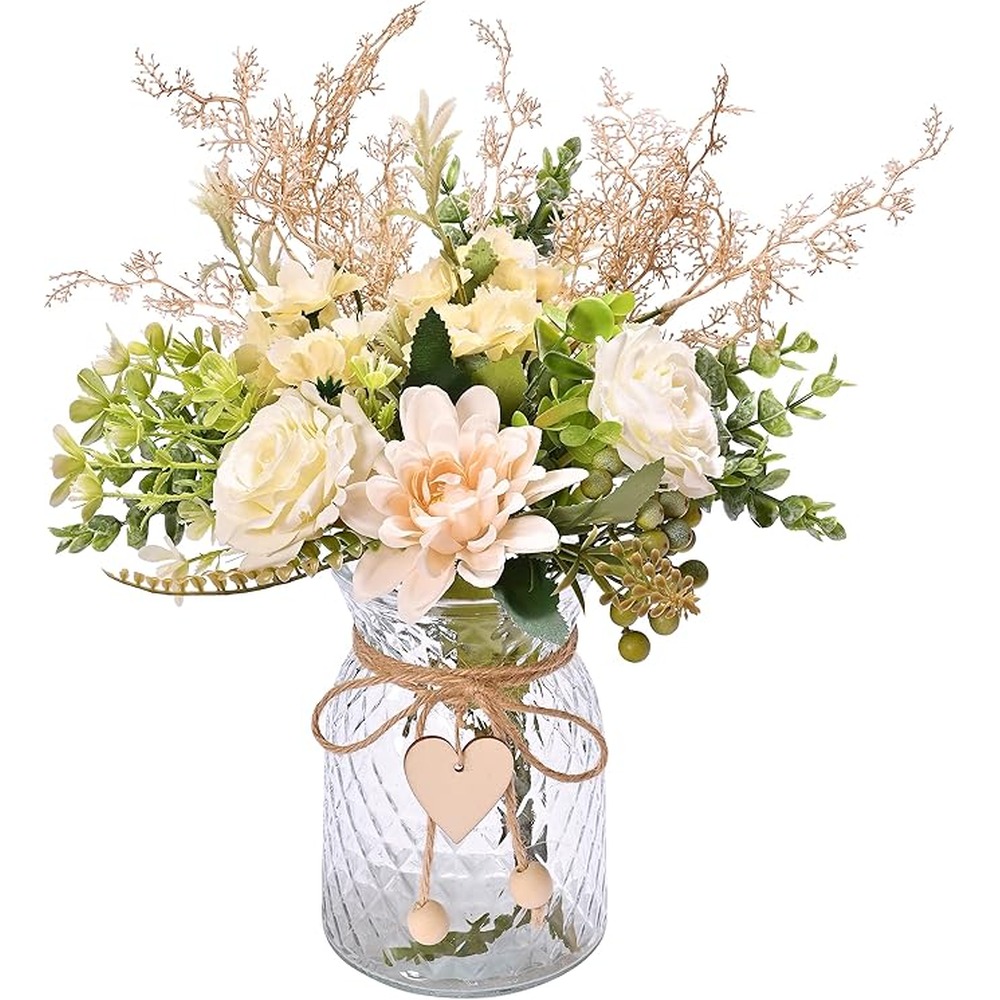Cream-white artificial rose bouquet in a heart-detail glass vase (30cm)