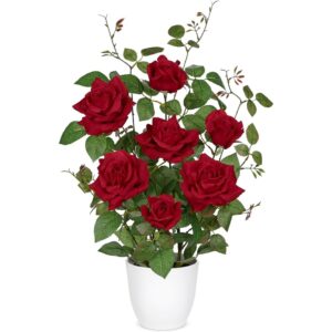 Deep red artificial rose plant in a white pot (60cm)