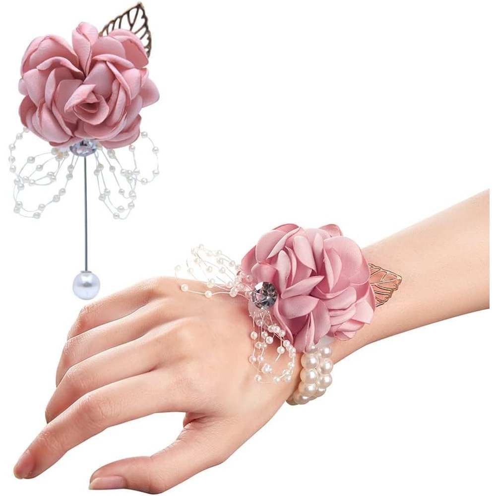 Dusky pink satin rose wrist corsage and matching wedding buttonhole