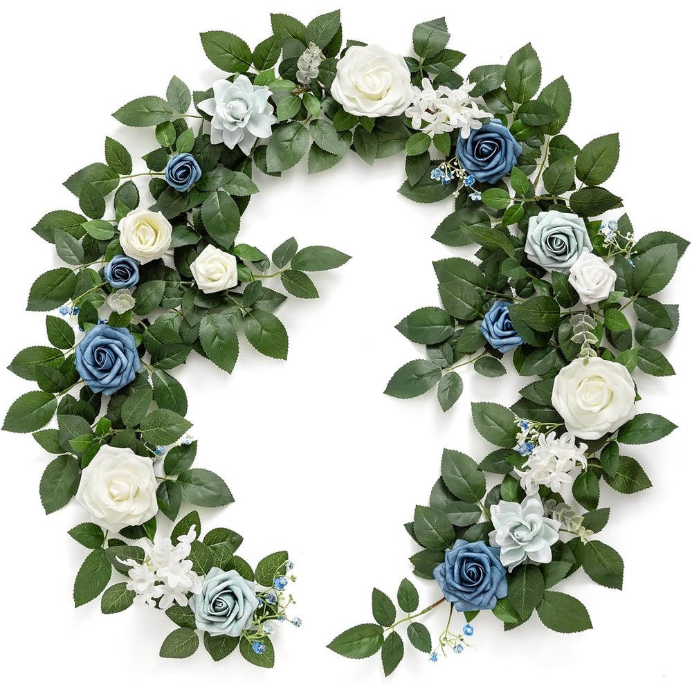 Dusty blue and navy artificial rose wedding garland (1.5m)