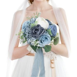 Dusty blue and white artificial rose bridal bouquet with eucalyptus
