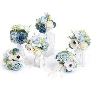 Dusty blue artificial mini bridesmaid bouquets with ivory ribbons (set of 6)