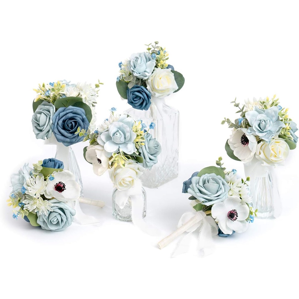 Dusty blue artificial mini bridesmaid bouquets with ivory ribbons (set of 6)
