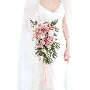 Dusty rose cascading artificial bridal bouquet with gold foliage