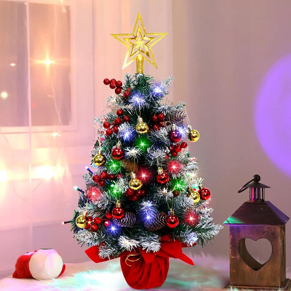 Fayavoo snowy Christmas tree with red and gold decorations and lights (2ft)
