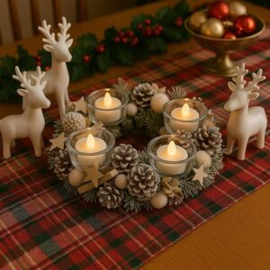 Frosted woodland Advent centrepiece with four LED candles (30cm)