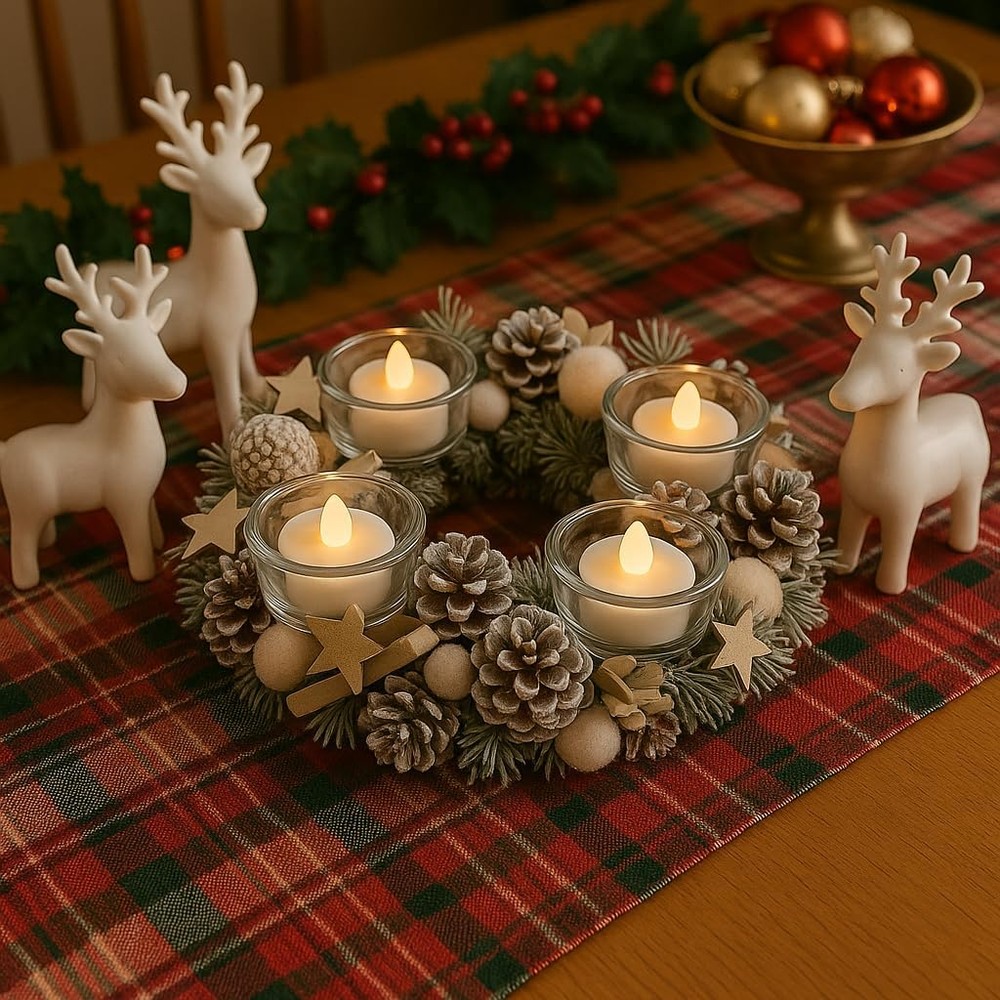 Frosted woodland Advent centrepiece with four LED candles (30cm)