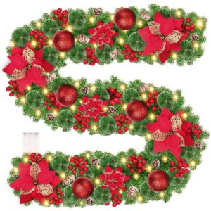 GARITE red poinsettia and snowy pine garland with lights (270cm)