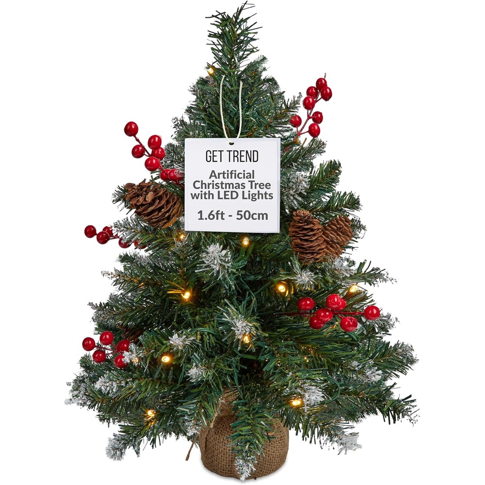 Get Trend frosted Christmas tree with berries, pinecones and warm lights (50cm)