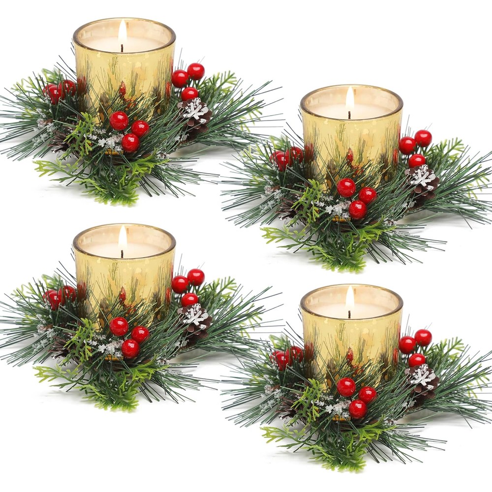 Gold Christmas candles with pine and red berry rings (set of 4)