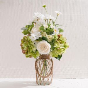 Green and white artificial hydrangea arrangement in a clear vase (47cm)