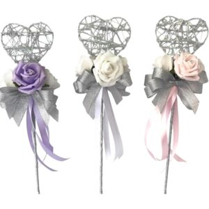 Heart-shaped flower-girl wand with an artificial rose and ribbon tails