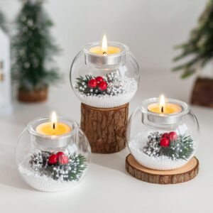 Hewory glass Christmas candle globes with festive foliage (set of 3)