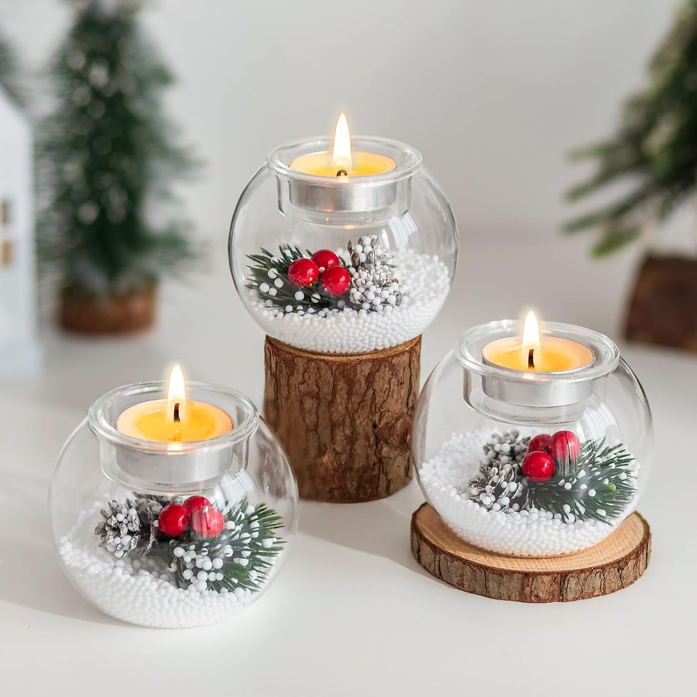 Hewory glass Christmas candle globes with festive foliage (set of 3)